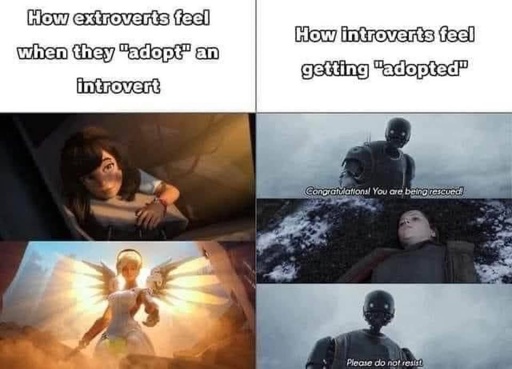 how extroverts feel adopting a introvert: overwatch healer savior meme. how introverts feel getting adopted: you are being rescued, do not resist 