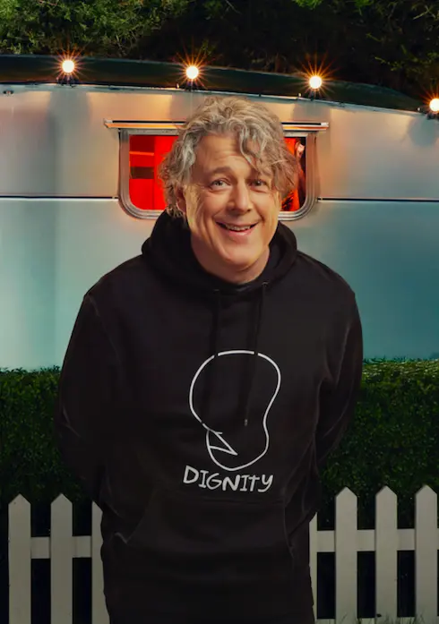 Alan Davies in a Simpsons Dignity jumper