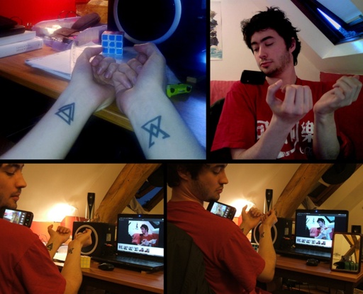 Four photographs are stitched together in a 2 by 2 grid. In the first image, we see tattoos on both of a person's inner arms and inner wrists. The second photo shows how the person captured this shot by laying their phone on their shoulder and propping up its corner with their chin. A third photo reveals the person's laptop open in front of them, showing how they took a photo of themselves. The fourth and final image answers the final question of how the viewer saw the laptop taking a photo of the person photographing their tattoos. The person leaned a mirror against their laptop to capture the point-and-shoot camera, which was angled to show the scene of the person taking a picture of their tattoos and being captured by their laptop webcam.