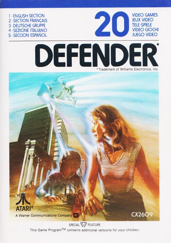 Cover of the Defender manual, featuring a realistic painting of humans being abducted by alien spaceships
