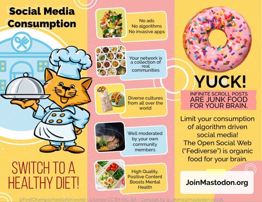 An illustrated poster promoting healthier social media consumption, featuring a cartoon cat chef holding a covered dish. Key points include avoiding ads and algorithms, focusing on community networks, and encouraging the use of the Open Social Web. A pink donut with sprinkles is labeled junk food.