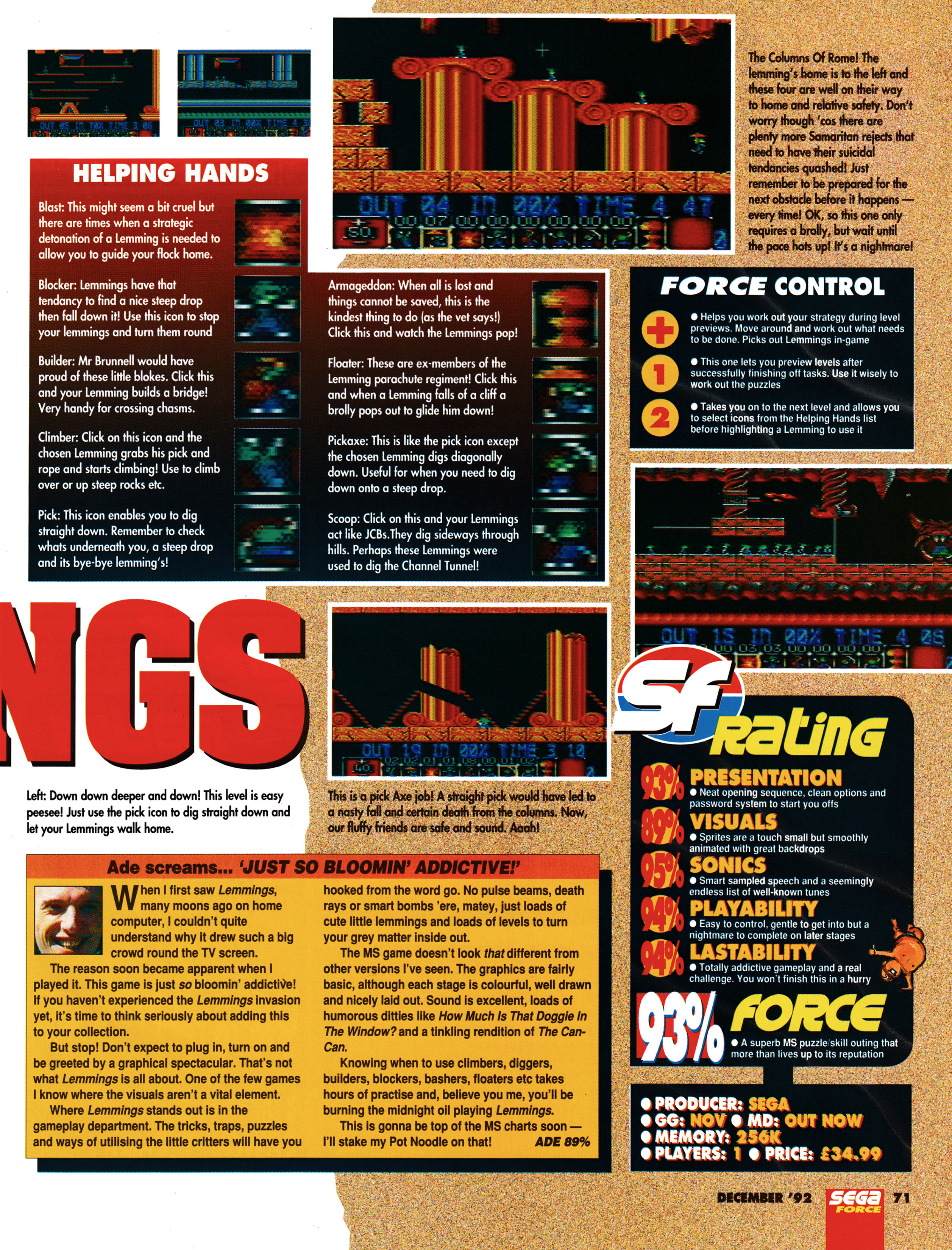 Review for Lemmings on Sega Master System.
Taken from Sega Force 12 - December 1992 (UK)

score: 93%