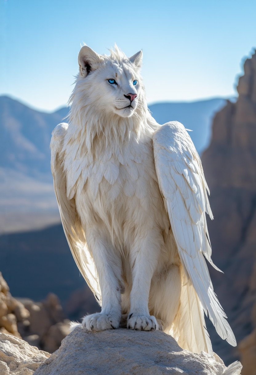 A white feline creature with large, feathered wings and striking blue eyes sitting on a rocky outcrop. The background features a mountainous landscape under a clear blue sky.