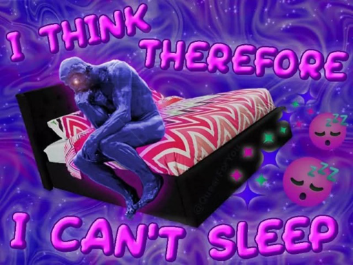 meme of thinker on a bed and caption text says I think therefore I can't sleep