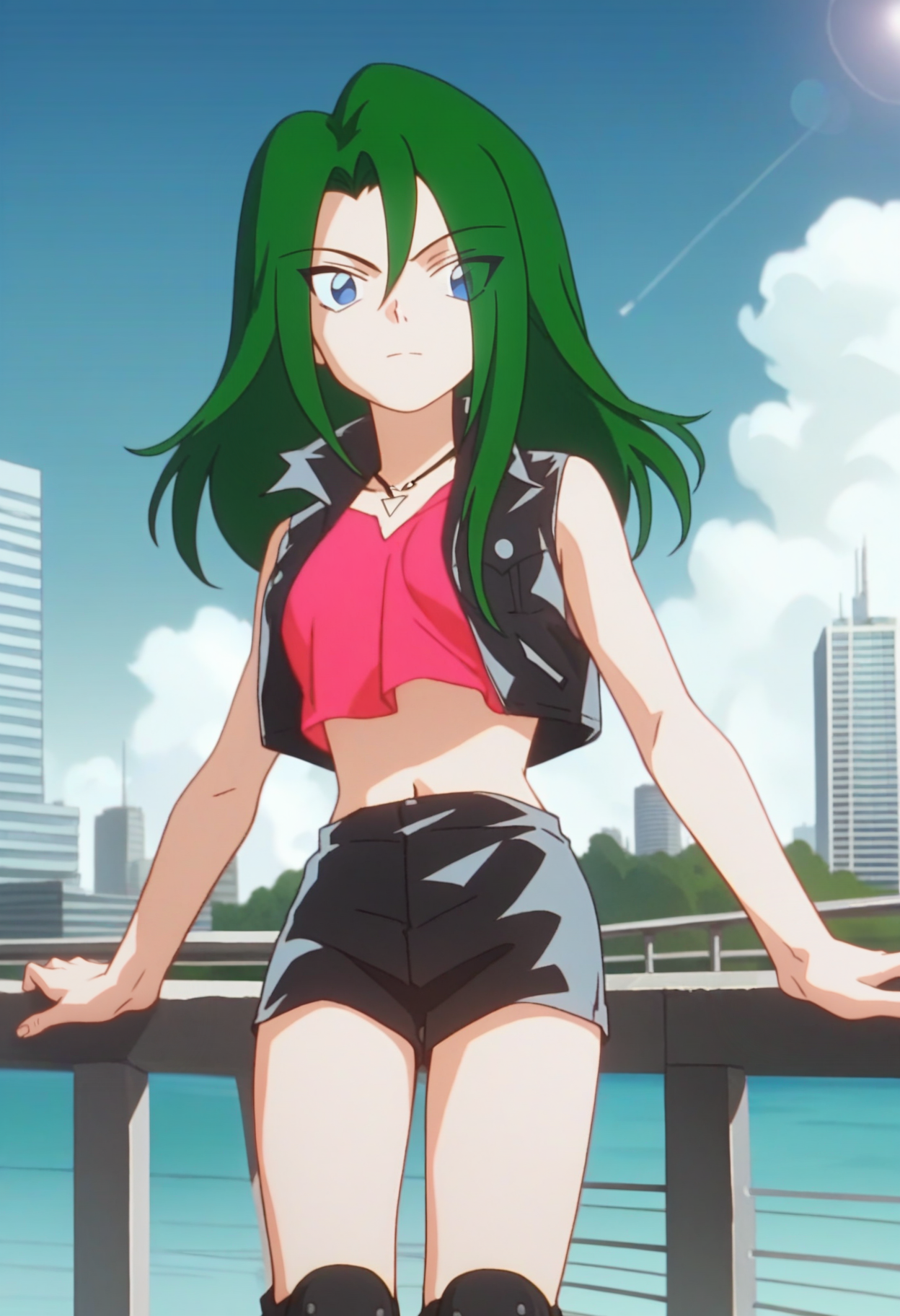 A young woman with long green hair and blue eyes. She wears a sleeveless pink crop top and black shorts, paired with a black vest. She is leaning on a railing overlooking a city skyline against a blue sky with white clouds. 